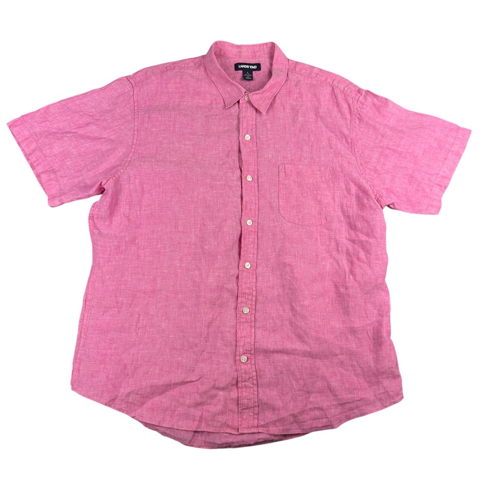 Lands End Mens Pink 100% Linen Short Sleeve Button Down Shirt Traditional Fit L